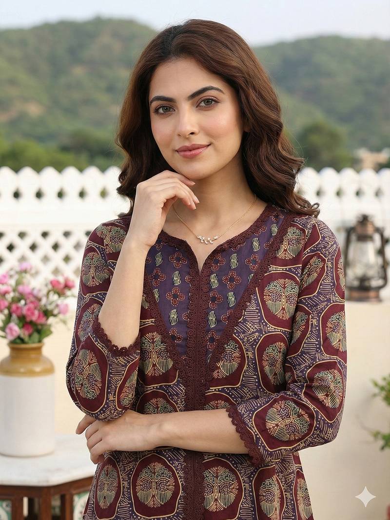 Anouk purple and brown pure cotton a-line regular kurta set