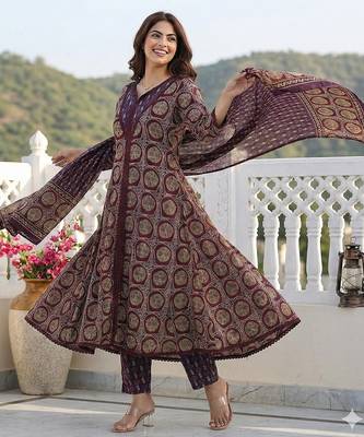 purple and brown pure cotton a-line regular kurta set 5