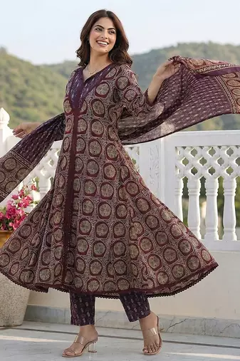 purple and brown pure cotton a-line regular kurta set