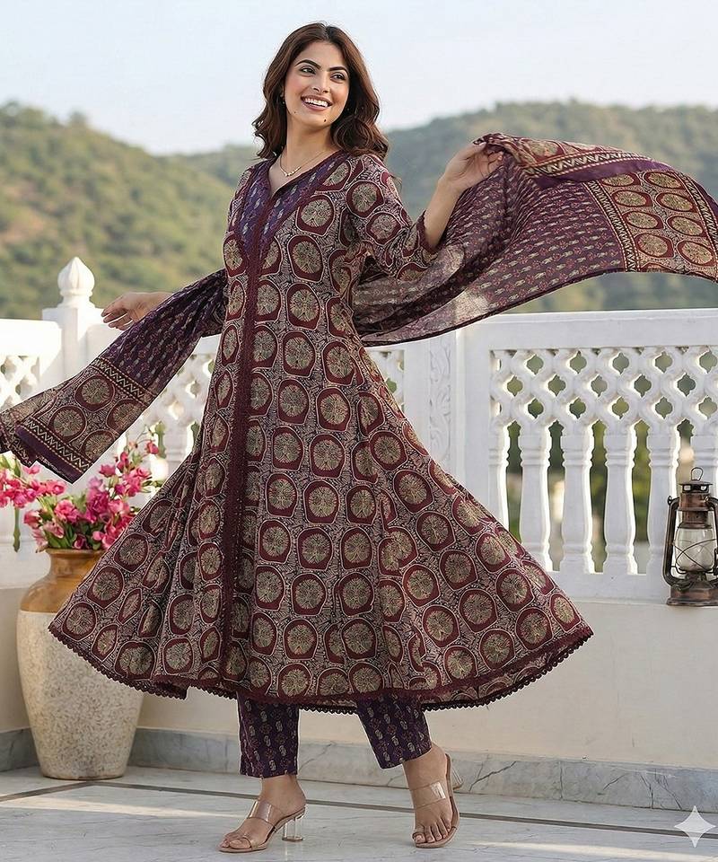 Anouk purple and brown pure cotton a-line regular kurta set