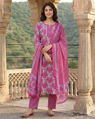 pink and white pure cotton straight regular kurta set 1