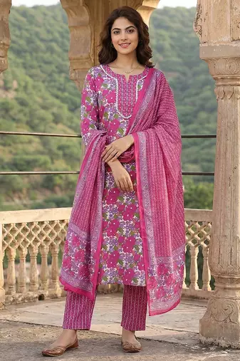 Anouk pink and white pure cotton straight regular kurta set