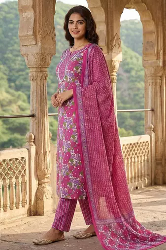 pink and white pure cotton straight regular kurta set