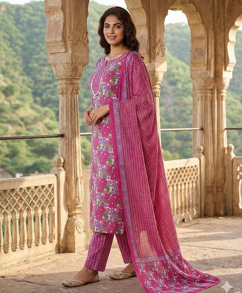 Anouk pink and white pure cotton straight regular kurta set