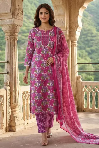pink and white pure cotton straight regular kurta set