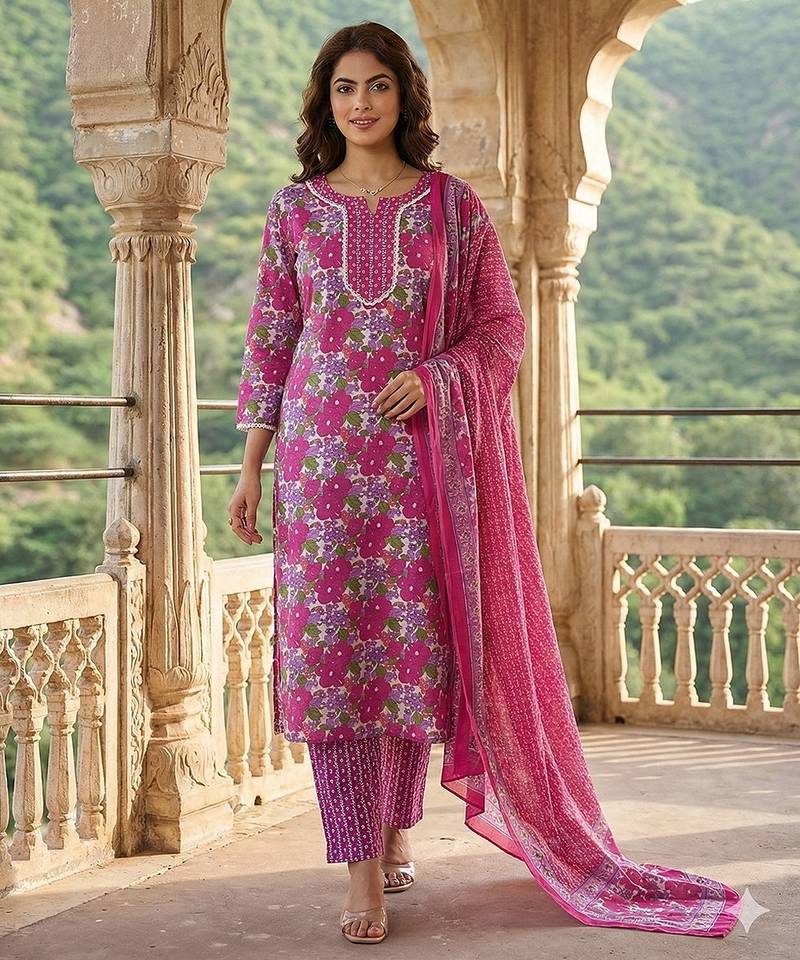 Anouk pink and white pure cotton straight regular kurta set