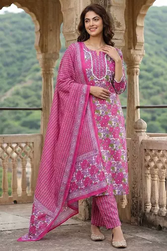 pink and white pure cotton straight regular kurta set