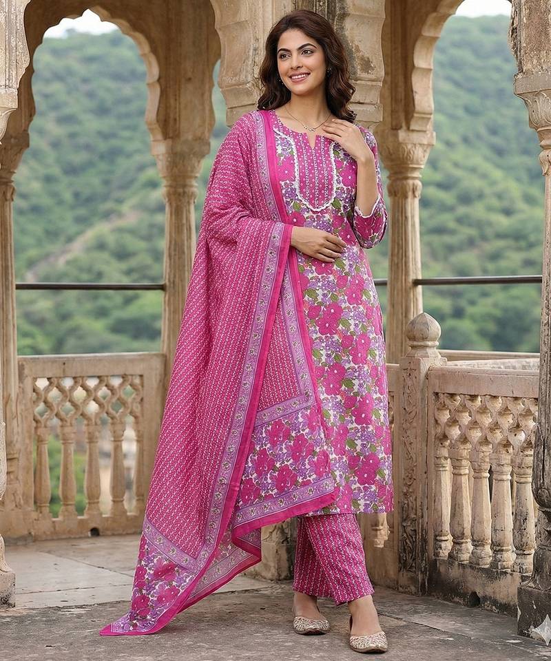 Anouk pink and white pure cotton straight regular kurta set