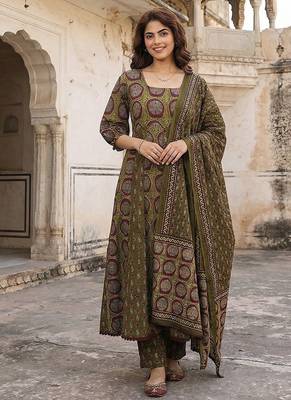 green and brown pure cotton anarkali regular kurta set 1