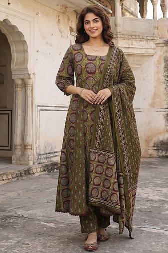 Anouk green and brown pure cotton anarkali regular kurta set
