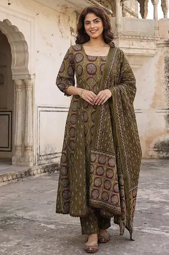 Anouk green and brown pure cotton anarkali regular kurta set