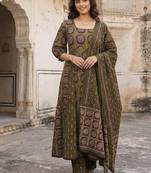 Anouk green and brown pure cotton anarkali regular kurta set