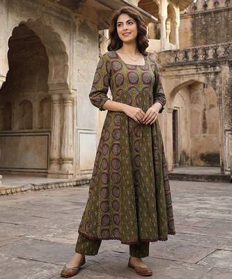 green and brown pure cotton anarkali regular kurta set 2