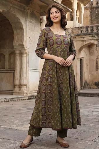 green and brown pure cotton anarkali regular kurta set
