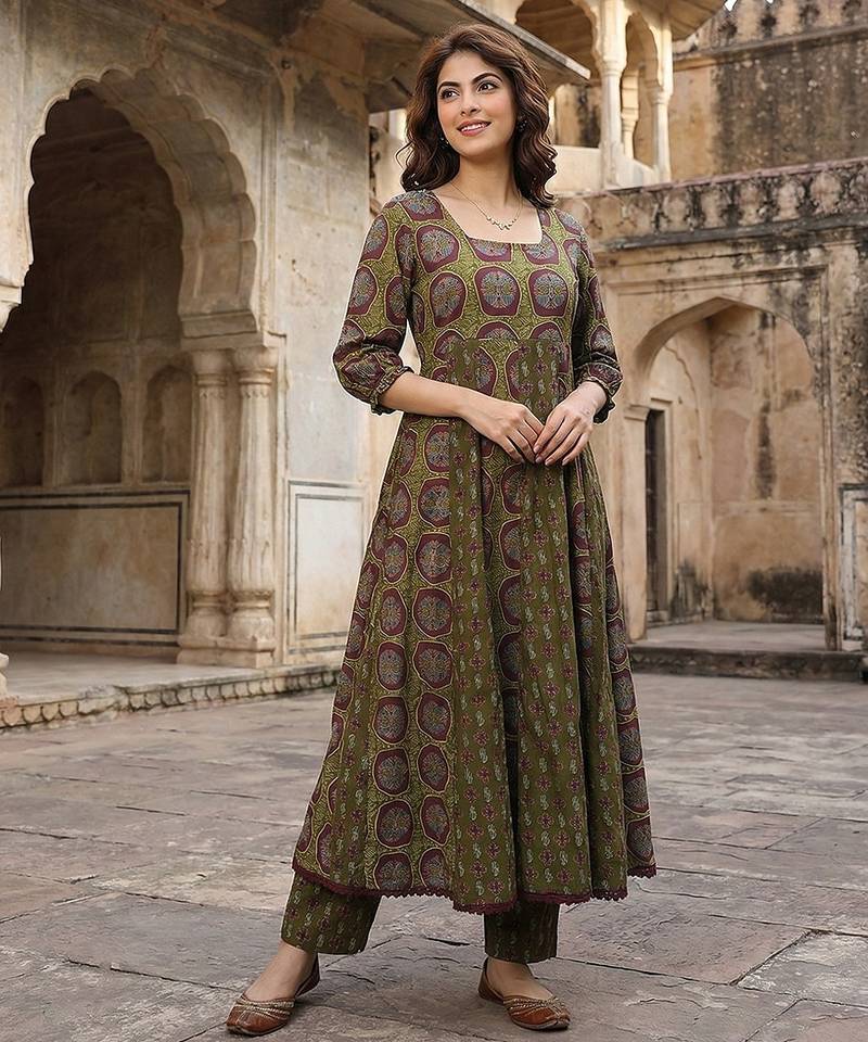 Anouk green and brown pure cotton anarkali regular kurta set