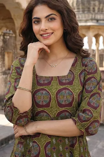 green and brown pure cotton anarkali regular kurta set
