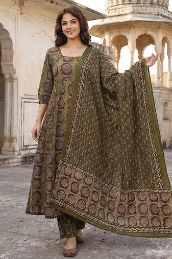 green and brown pure cotton anarkali regular kurta set