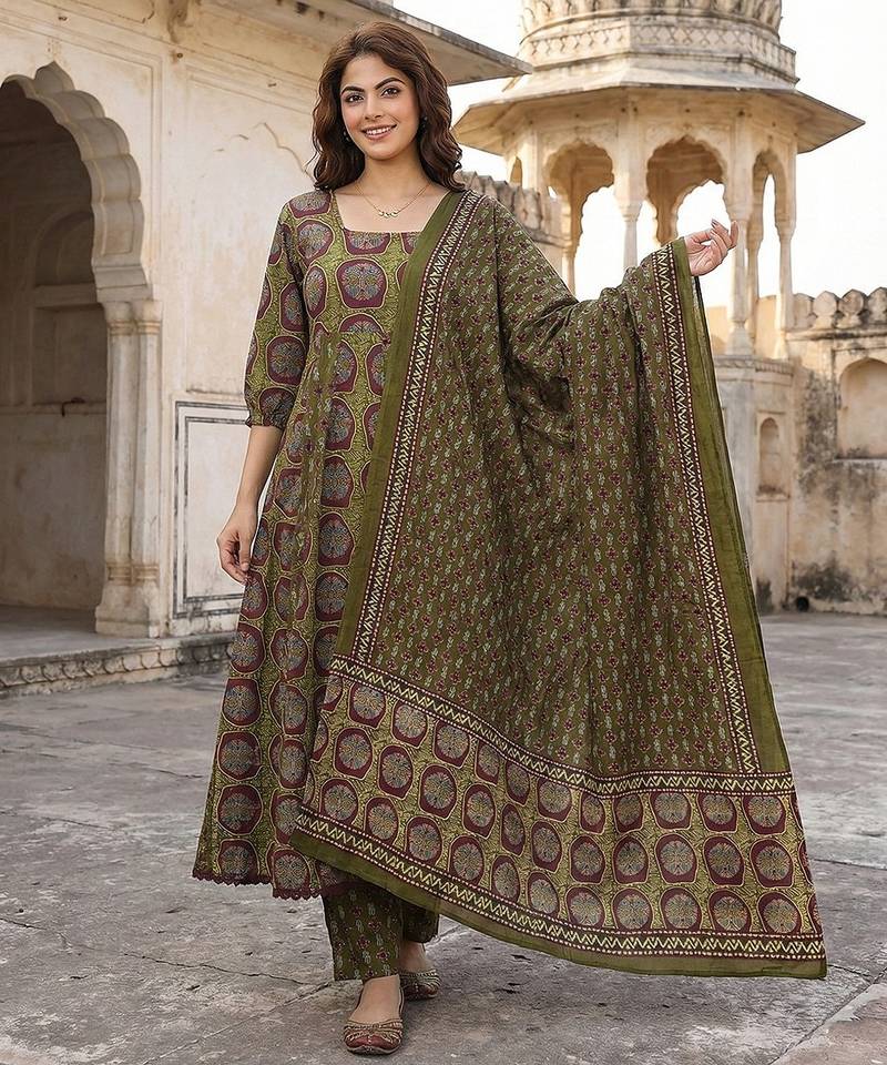 Anouk green and brown pure cotton anarkali regular kurta set