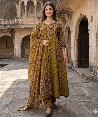 mustard and brown pure cotton anarkali regular kurta set 1