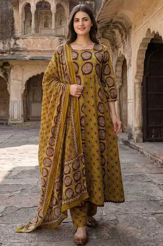 Anouk mustard and brown pure cotton anarkali regular kurta set