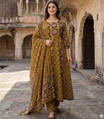 Anouk mustard and brown pure cotton anarkali regular kurta set