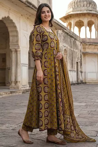 mustard and brown pure cotton anarkali regular kurta set
