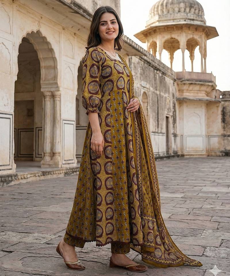 Anouk mustard and brown pure cotton anarkali regular kurta set