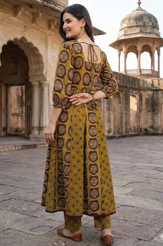 mustard and brown pure cotton anarkali regular kurta set