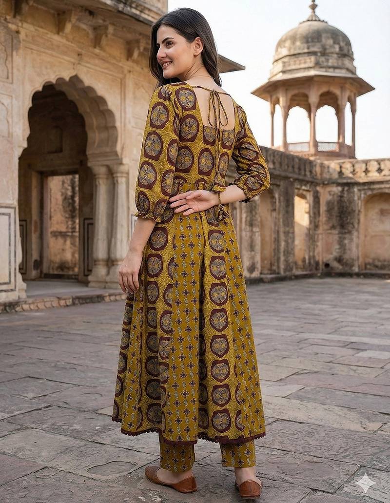 Anouk mustard and brown pure cotton anarkali regular kurta set