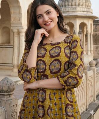 mustard and brown pure cotton anarkali regular kurta set 4
