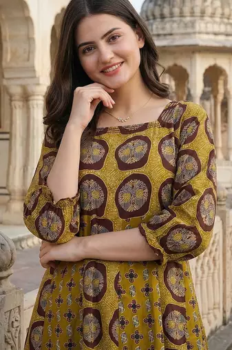mustard and brown pure cotton anarkali regular kurta set