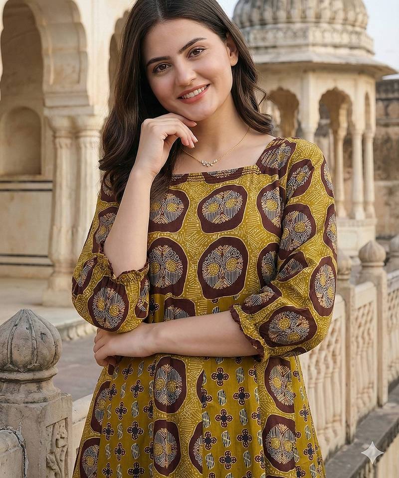 Anouk mustard and brown pure cotton anarkali regular kurta set