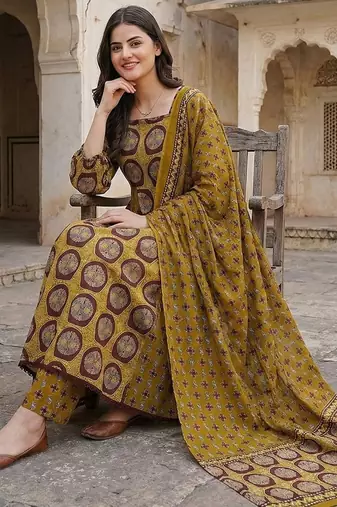 mustard and brown pure cotton anarkali regular kurta set