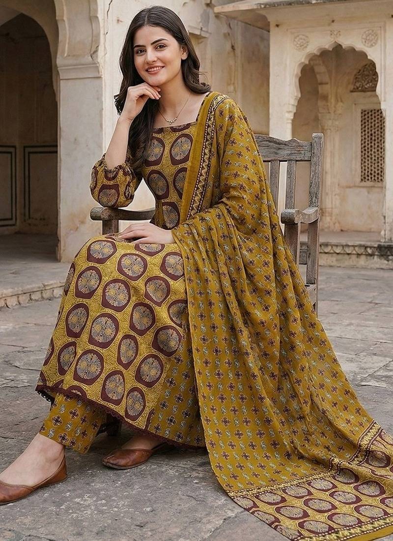 Anouk mustard and brown pure cotton anarkali regular kurta set