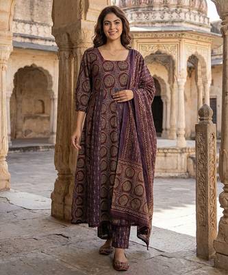 purple and brown pure cotton anarkali regular kurta set 1