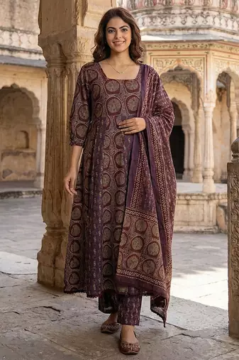 Anouk purple and brown pure cotton anarkali regular kurta set