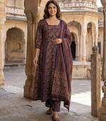 Anouk purple and brown pure cotton anarkali regular kurta set