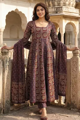 purple and brown pure cotton anarkali regular kurta set