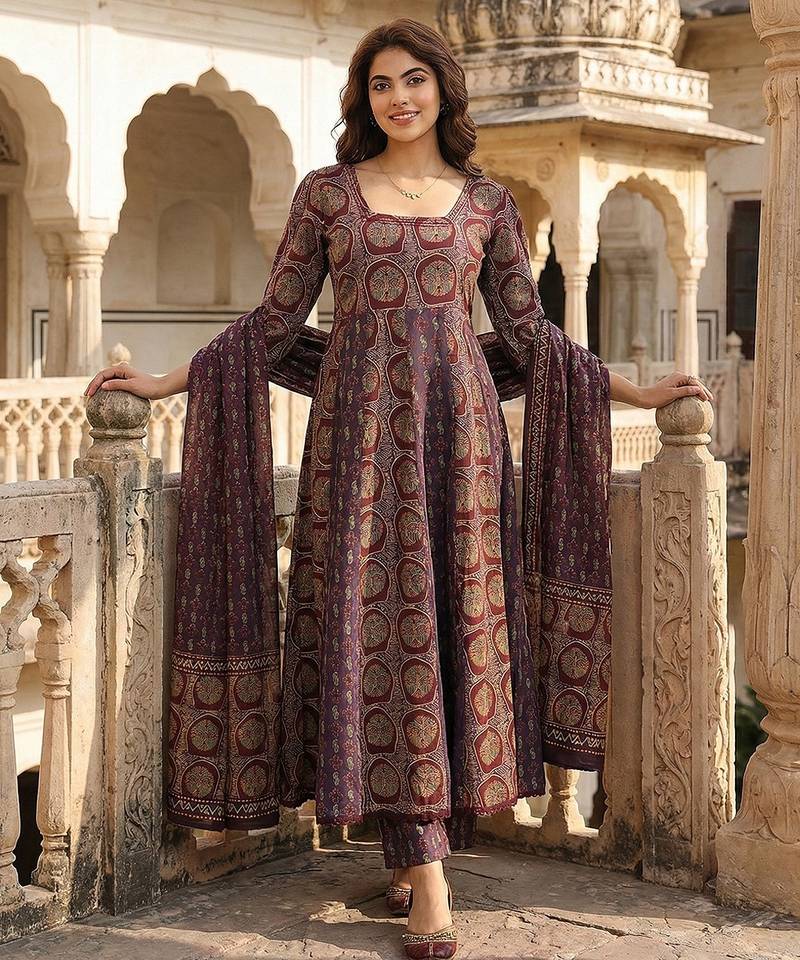 Anouk purple and brown pure cotton anarkali regular kurta set