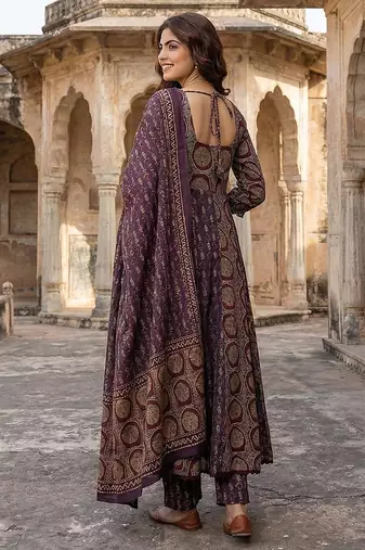 purple and brown pure cotton anarkali regular kurta set