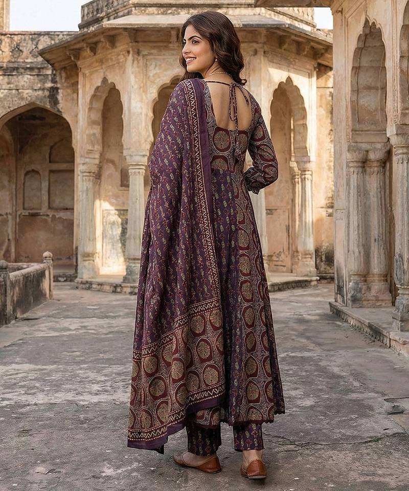 Anouk purple and brown pure cotton anarkali regular kurta set