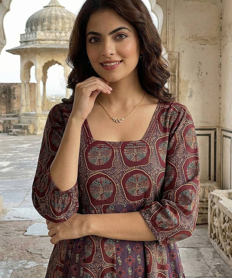 Anouk purple and brown pure cotton anarkali regular kurta set