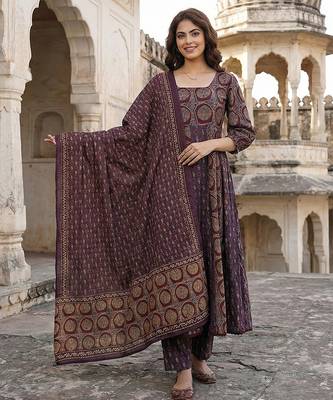 purple and brown pure cotton anarkali regular kurta set 5
