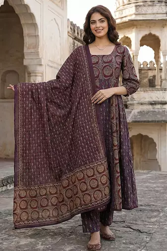 purple and brown pure cotton anarkali regular kurta set