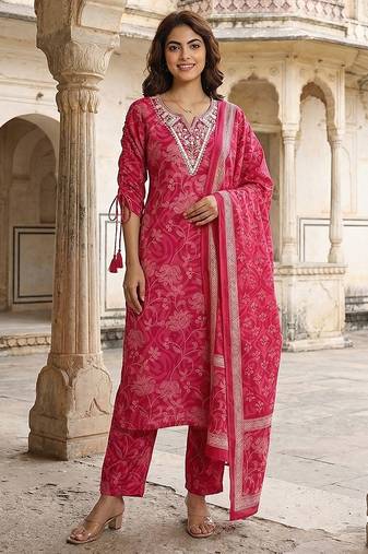 Anouk pink pure cotton straight regular kurta set