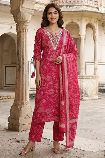 Anouk pink pure cotton straight regular kurta set