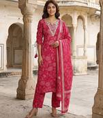 Anouk pink pure cotton straight regular kurta set