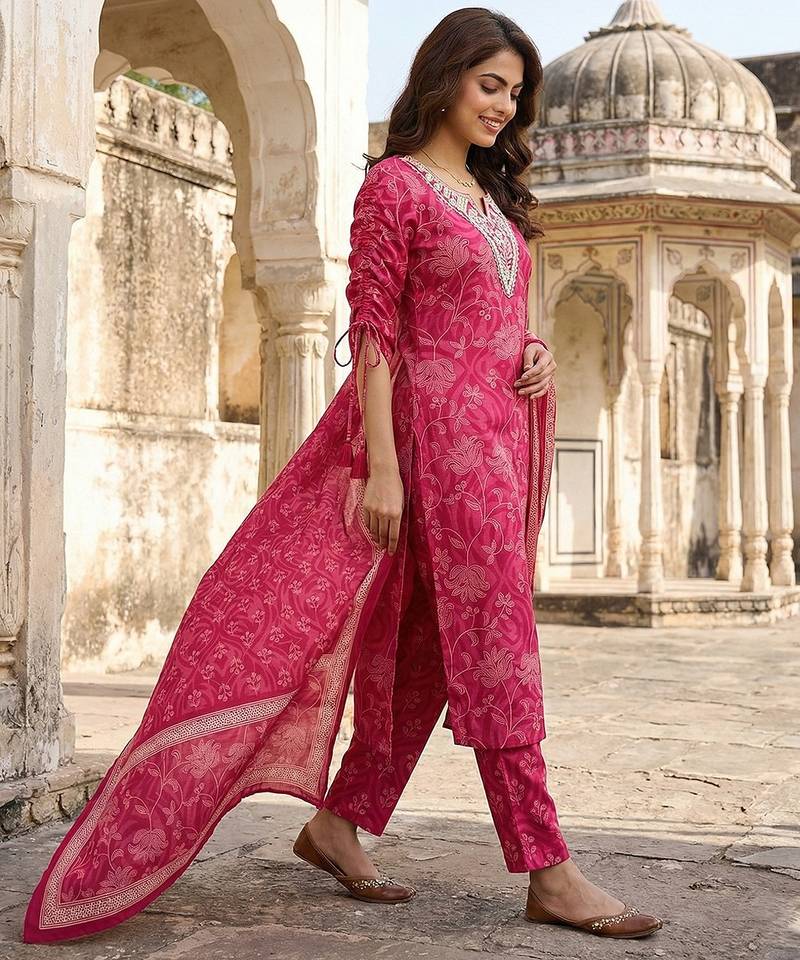 Anouk pink pure cotton straight regular kurta set