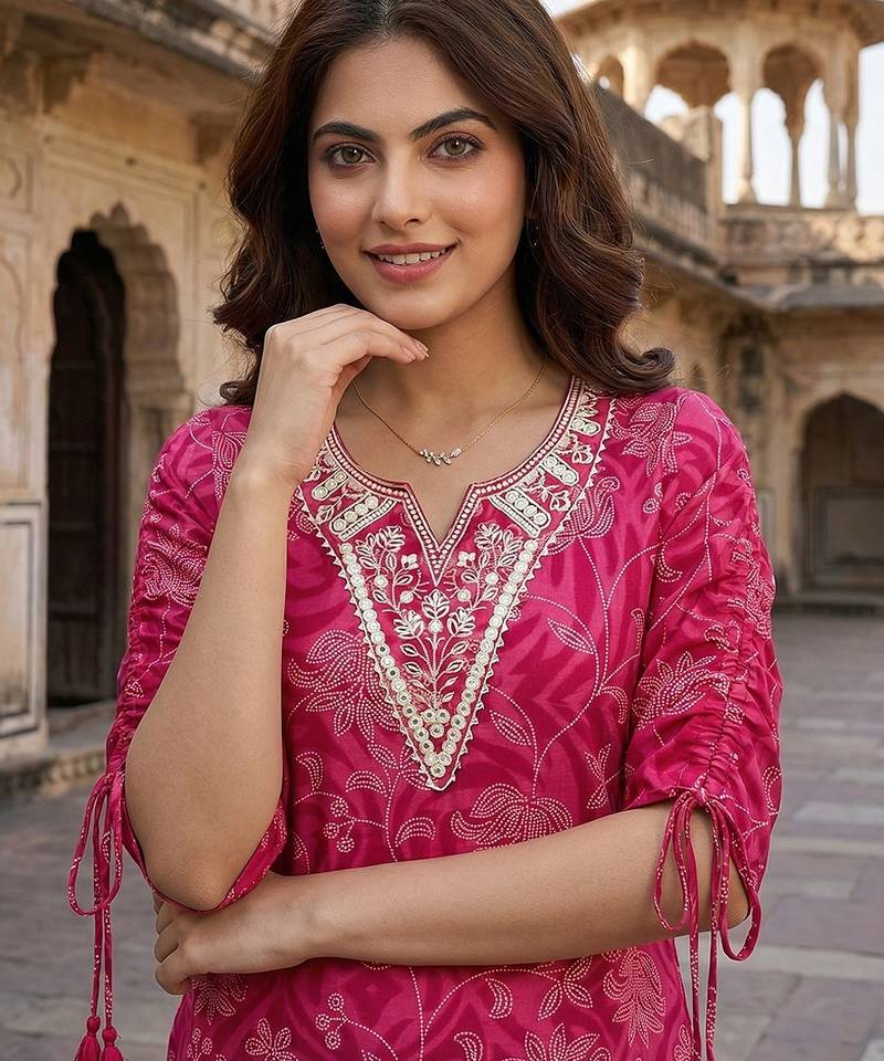 Anouk pink pure cotton straight regular kurta set