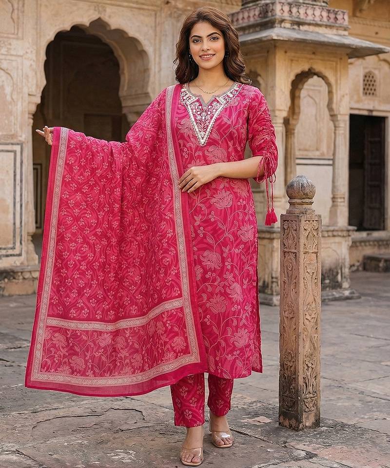 Anouk pink pure cotton straight regular kurta set